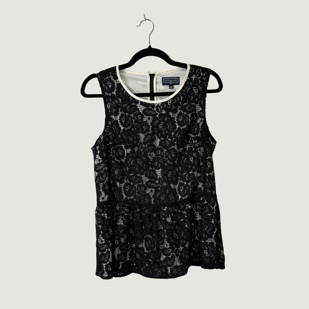 Duffield Lane Black Floral Lace Peplum Top S Lined Sleeveless Dark Romantic